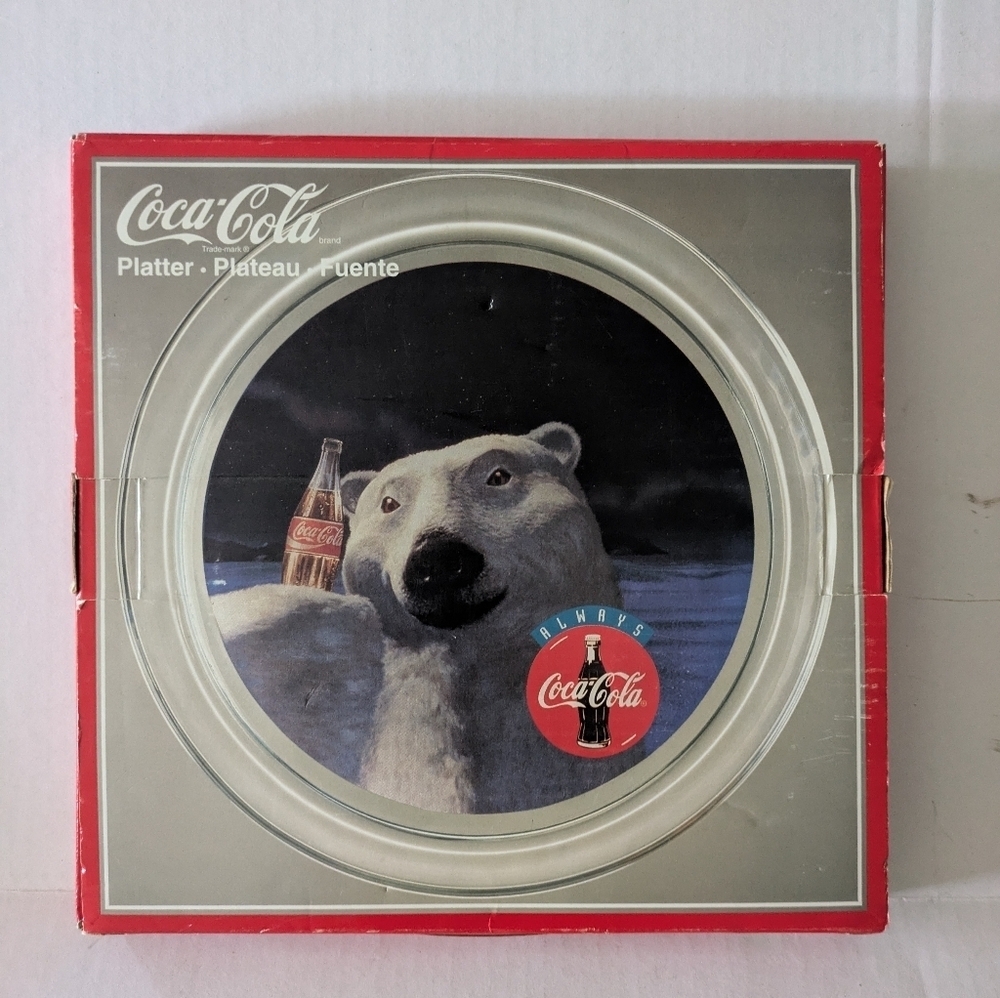 Vintage Coca-Cola Polar Bear Glass Platter In Box.